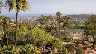 The trees of the hotel gardens frame a view across leafy Santa Barbara to the blue Pacific Ocean