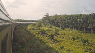 View from an open train window down the curving length of the Eastern and Oriental Express as it cuts through countryside.