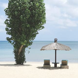 Two bright blue sunbeds under a thatch parasol on a beach overlooking the ocean