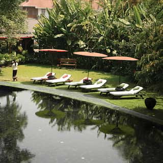 Row of sunbeds and manicured lawn lining an calm outdoor pool